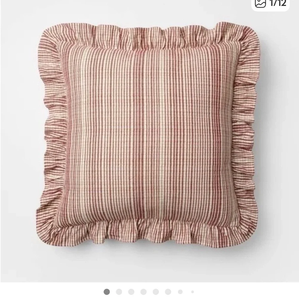 Studio McGee 24” c 24” Uneven Plaid Burgundy/Cream with Ruffle Accent Pillow